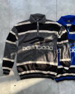 نمای نزدیک از بافت نیمزیپ طوسی مشکی BALENCIAGA با بافت ریز و یقهدار