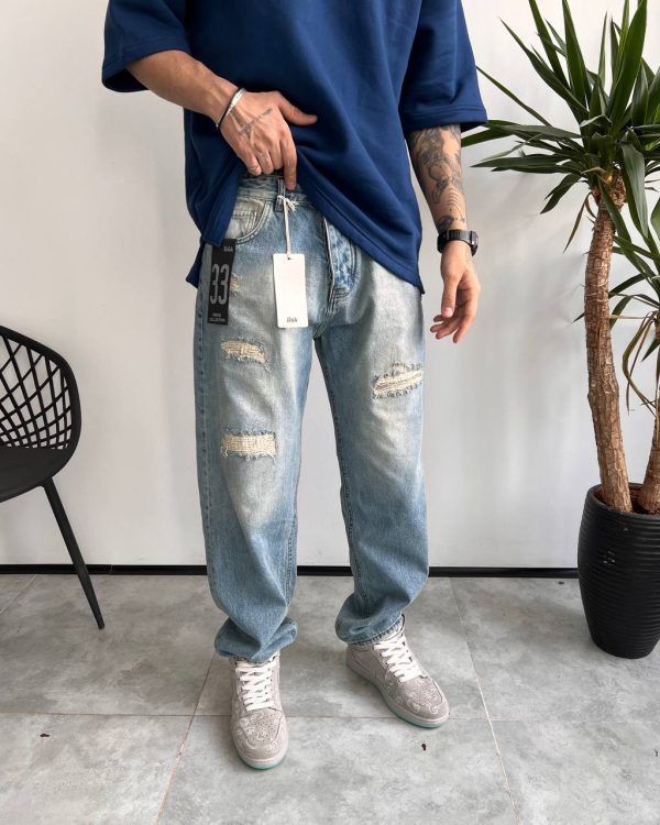 شلوار نیم بگ آبی یخی زاپدار BERSHKA کد 4534
