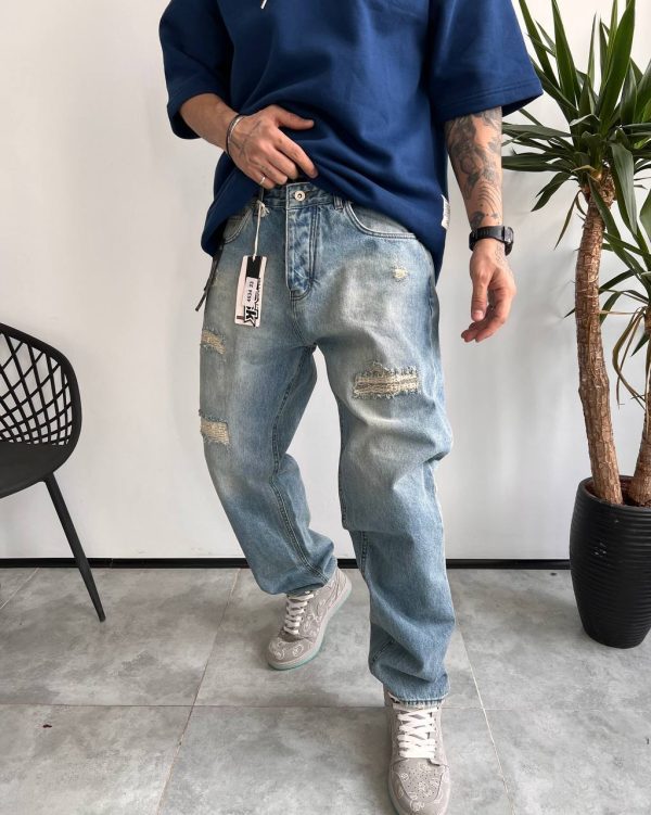 شلوار نیم بگ آبی یخی زاپدار BERSHKA کد 4534
