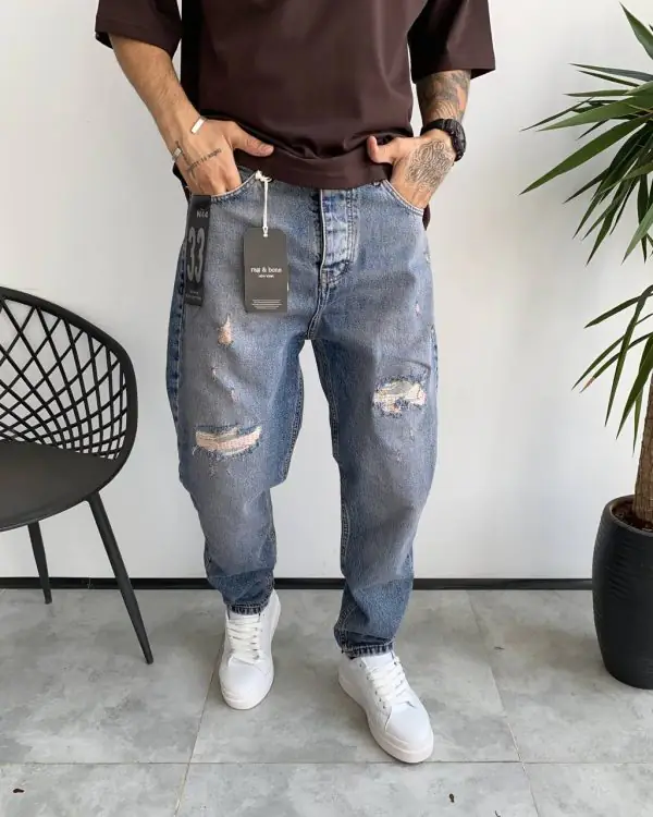 شلوار مام فیت آبی زاپدار RAG&BONE کد 5361
