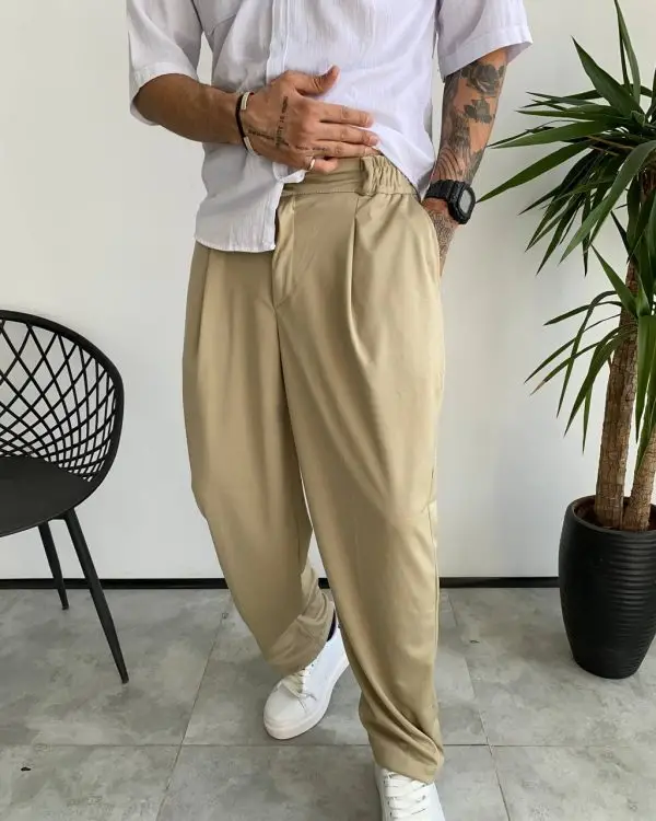 شلوار نیم بگ پارچه ای ZARA رنگ خاکی کد 5300