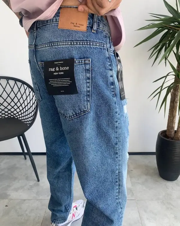 شلوار مام فیت آبی زاپدار RAG&BONE کد 5335
