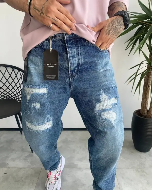 شلوار مام فیت آبی زاپدار RAG&BONE کد 5335
