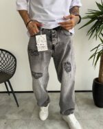 شلوار جین بگ طوسی با طراحی زاپدار مردانه