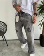 شلوار جین بگ طوسی با طراحی زاپدار مردانه