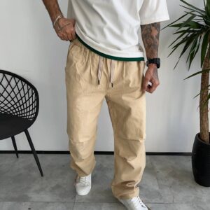 شلوار کتان بگ کمر کش نخودی خاکی کد 5612