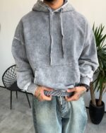 هودی سنگشور طوسی روشن مردانه با قواره لش و کلاه آزاد استردار