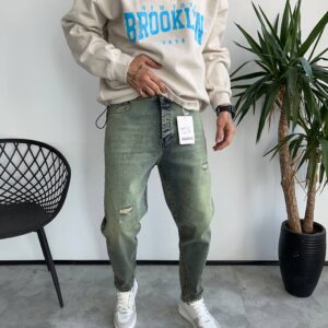 شلوار اسلیم فيت آبي تيره تینت سبز زاپدار  کد 5872