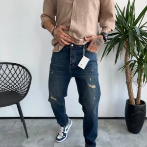 شلوار اسلیم فيت آبي سرمه ای زاپدار کد 5874