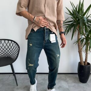 شلوار اسلیم فيت آبي تيره تینت سبز زاپدار  کد 5873