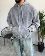 هودی سنگشور طوسی روشن مردانه با قواره لش و کلاه آزاد استردار